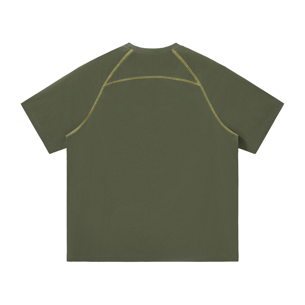 MIROLYUB Offbeat Contrast-Stitch Raglan Tee in Army Green, back view.