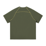 MIROLYUB Offbeat Contrast-Stitch Raglan Tee in Army Green, back view.