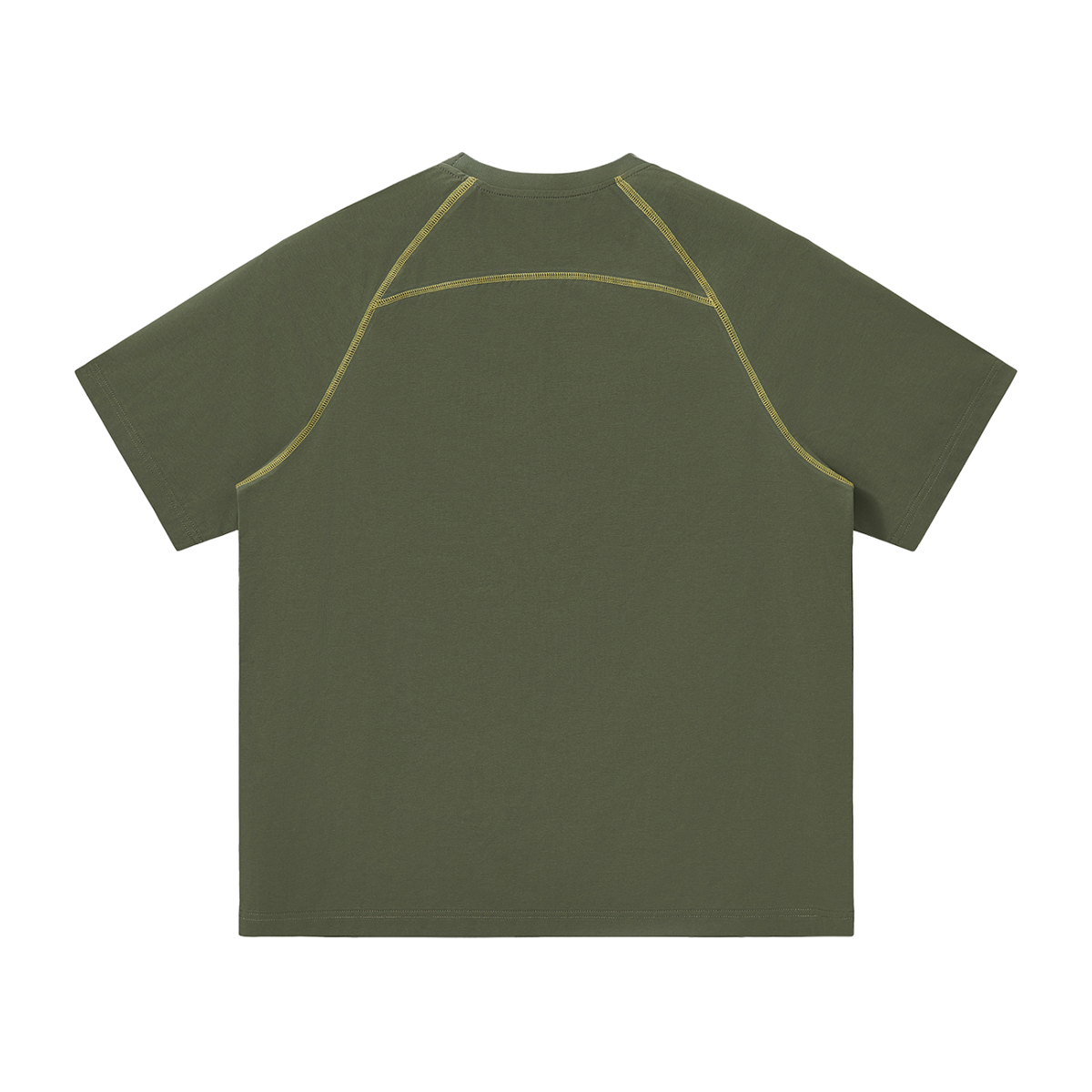 MIROLYUB Offbeat Contrast-Stitch Raglan Tee in Army Green, back view.