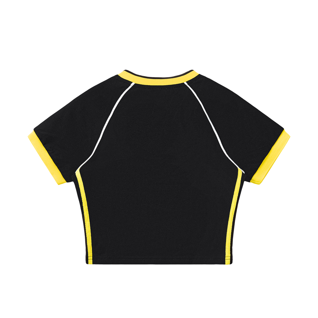 MIROLYUB Contrast Trim V-Neck Crop T-Shirt — Black with Yellow, back view