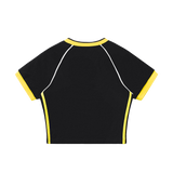 MIROLYUB Contrast Trim V-Neck Crop T-Shirt — Black with Yellow, back view