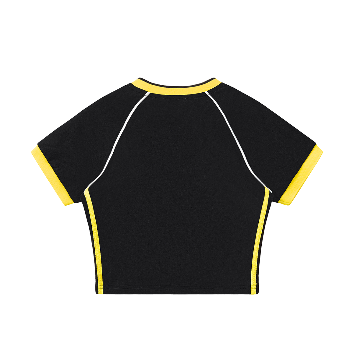 MIROLYUB Contrast Trim V-Neck Crop T-Shirt — Black with Yellow, back view