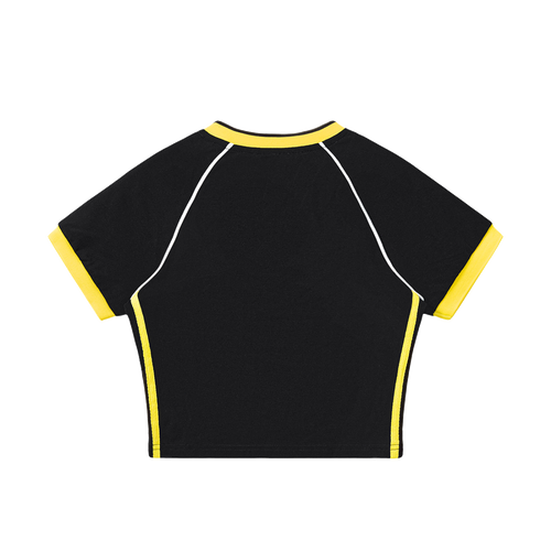 MIROLYUB Contrast Trim V-Neck Crop T-Shirt — Black with Yellow, back view