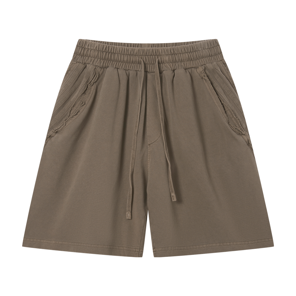 MIROLYUB Unisex Vintage Wash Raw Edge Shorts — Khaki, front view