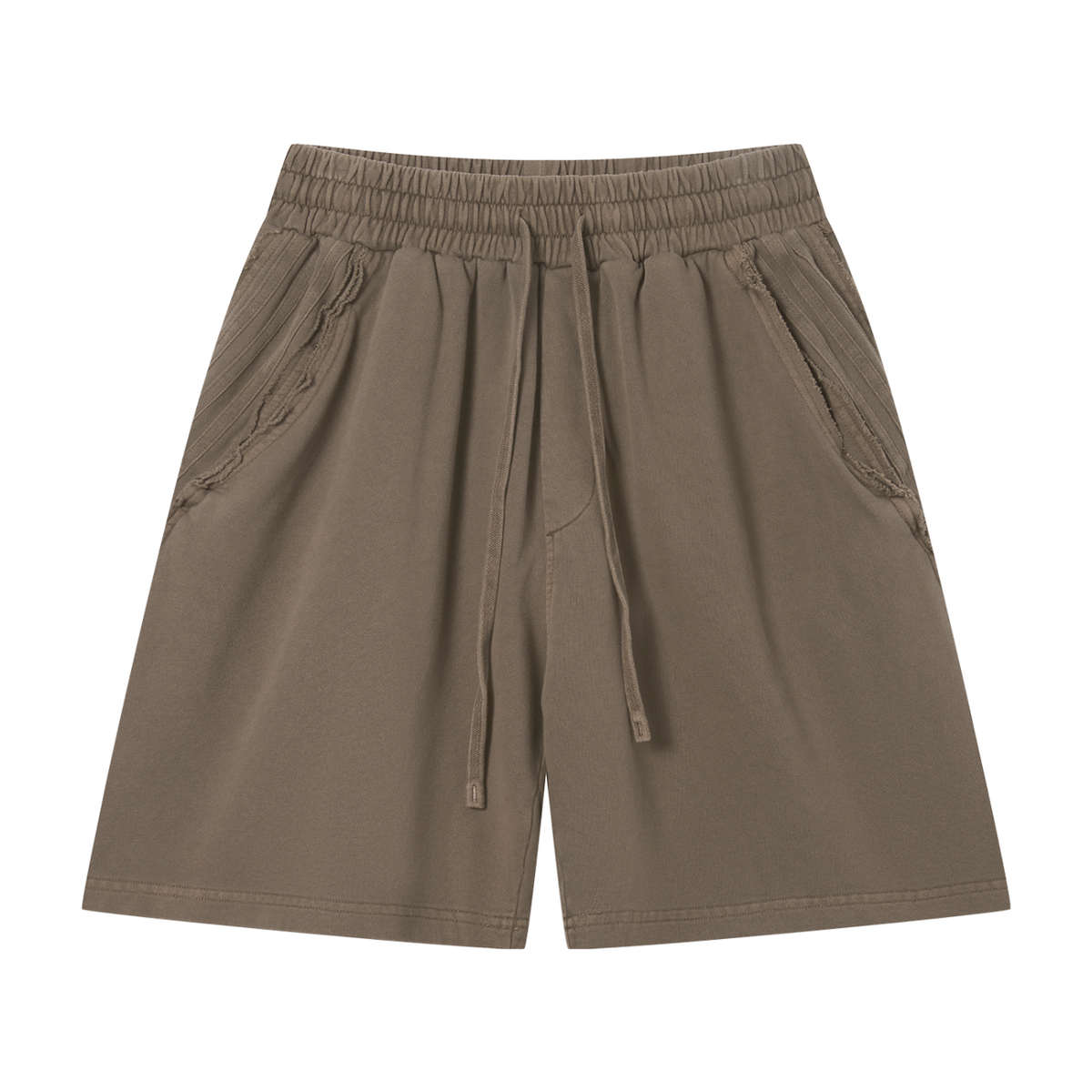 MIROLYUB Unisex Vintage Wash Raw Edge Shorts — Khaki, front view