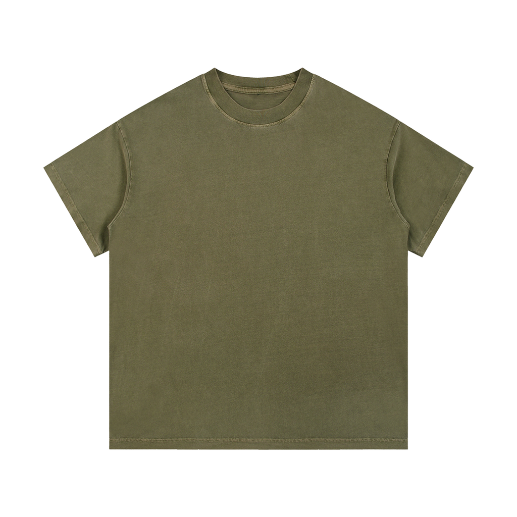 MIROLYUB Palimpsest vintage-wash cotton tee in Army Green, front view with a relaxed body and dropped shoulders