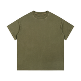 MIROLYUB Palimpsest vintage-wash cotton tee in Army Green, front view with a relaxed body and dropped shoulders