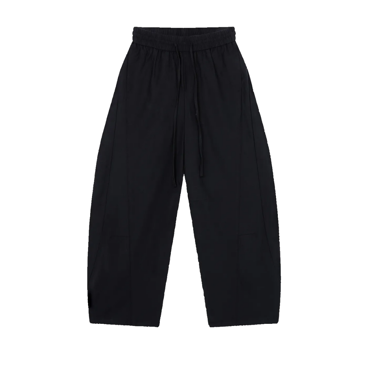 MIROLYUB Drift pants in Black, front view with wide legs, tonal panels and a drawstring waist