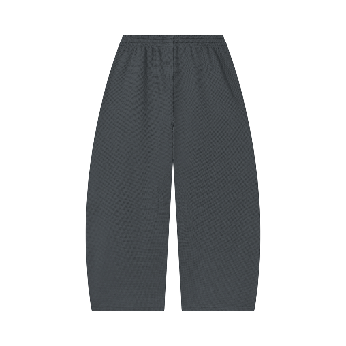 MIROLYUB Tessera waffle barrel pants in Dark Gray, back view.