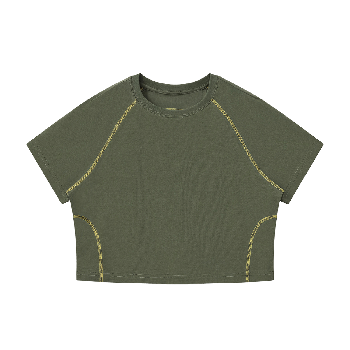 MIROLYUB Women's Contrast Stitch Raglan Crop T-Shirt — Army Green — front view