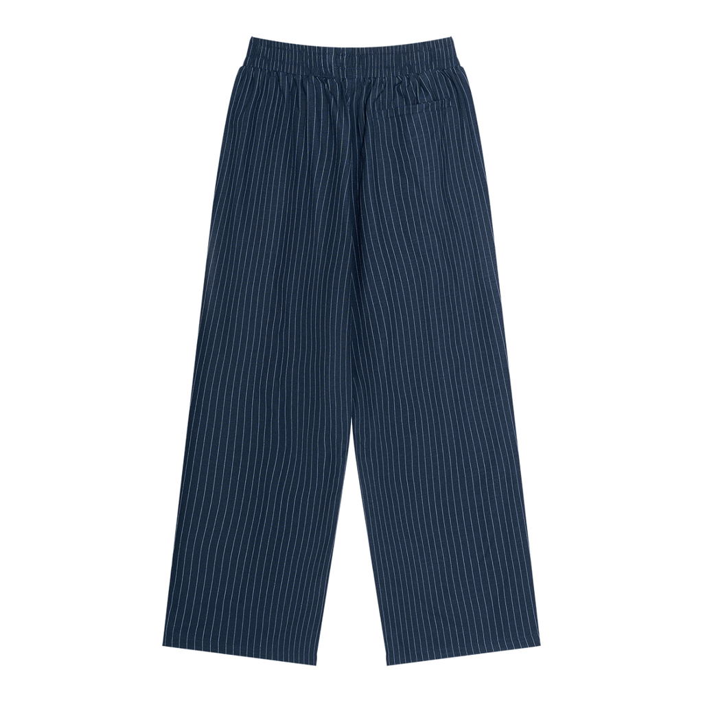 MIROLYUB Axis striped pleated trousers in Navy Blue, back view.