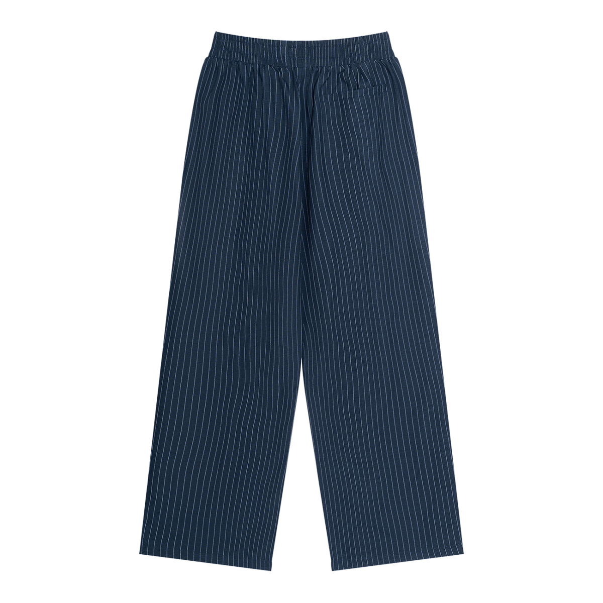 MIROLYUB Axis striped pleated trousers in Navy Blue, back view.