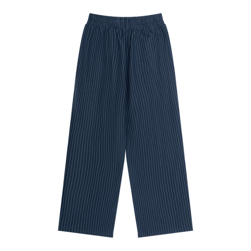 MIROLYUB Axis striped pleated trousers in Navy Blue, back view.