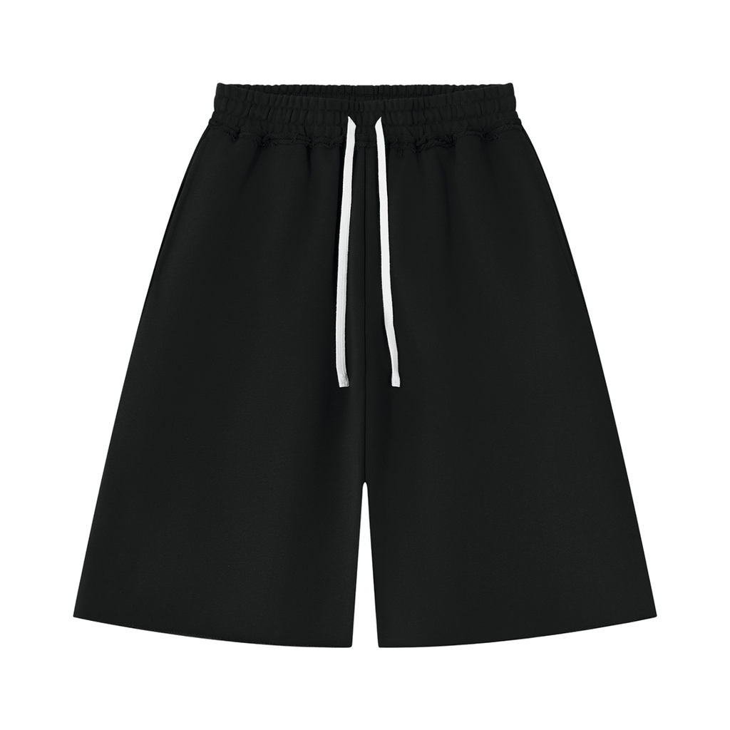 MIROLYUB Unisex Heavyweight Raw Edge Shorts — Black, front view