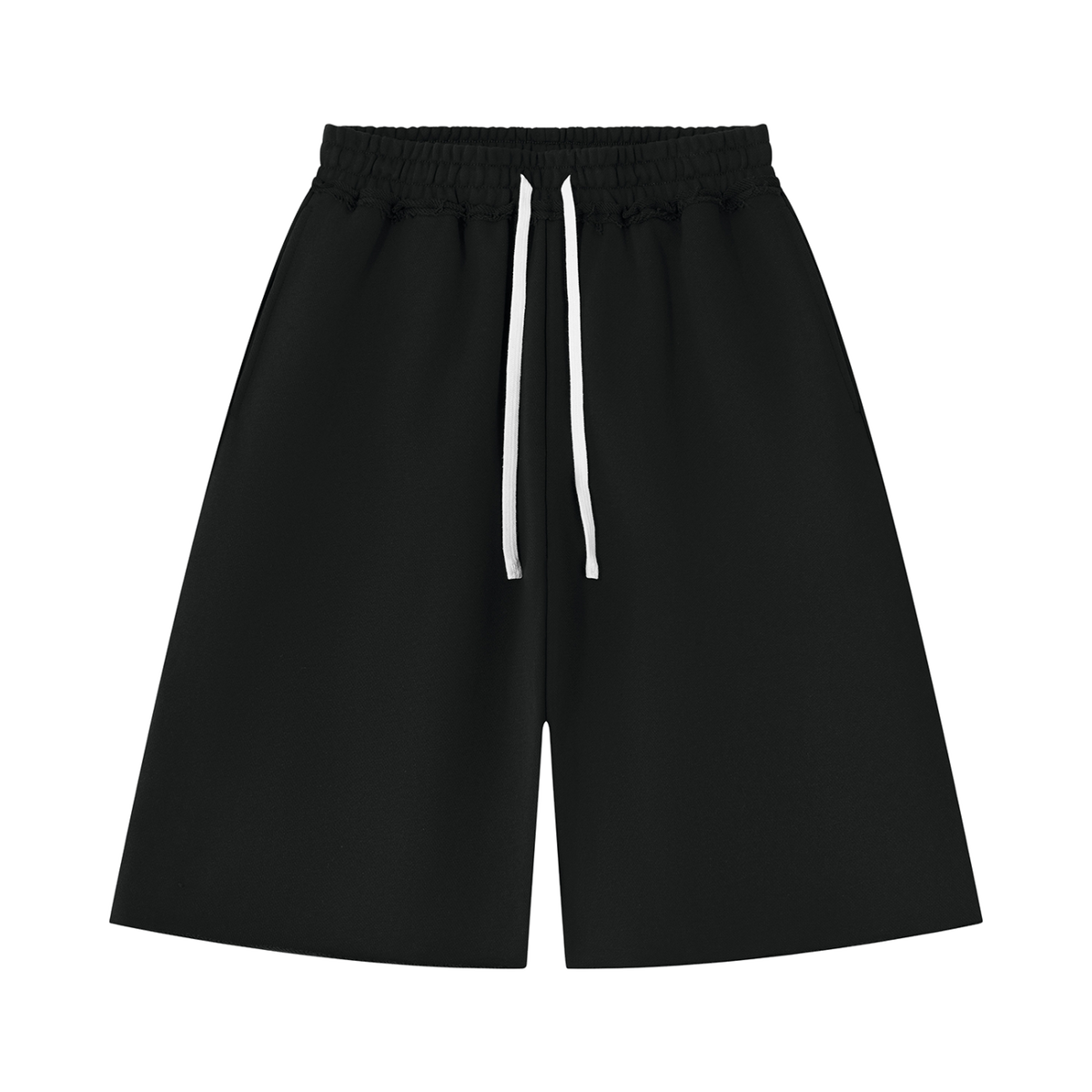 MIROLYUB Unisex Heavyweight Raw Edge Shorts — Black, front view