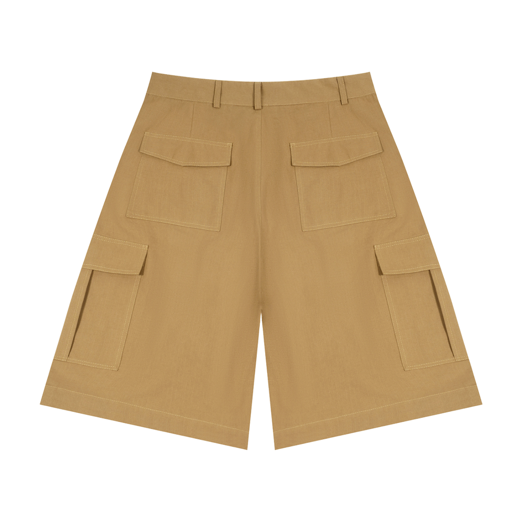 MIROLYUB Outpost woven cargo shorts in Brown, back view.
