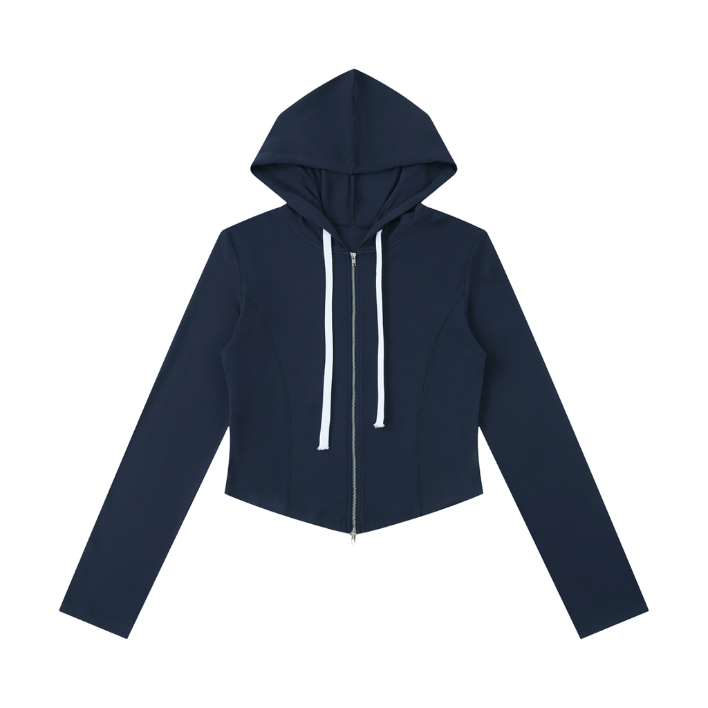 MIROLYUB Inflexion cropped full-zip hoodie in Navy Blue, front view