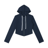 MIROLYUB Inflexion cropped full-zip hoodie in Navy Blue, front view