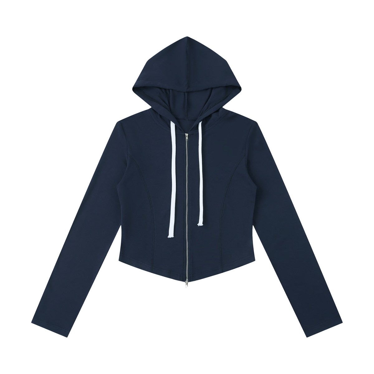 MIROLYUB Inflexion cropped full-zip hoodie in Navy Blue, front view