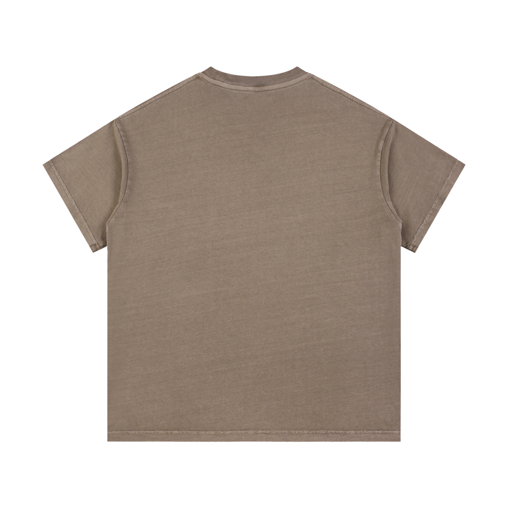 MIROLYUB Palimpsest vintage-wash cotton tee in Coffee, back view with dropped shoulders and a straight hem