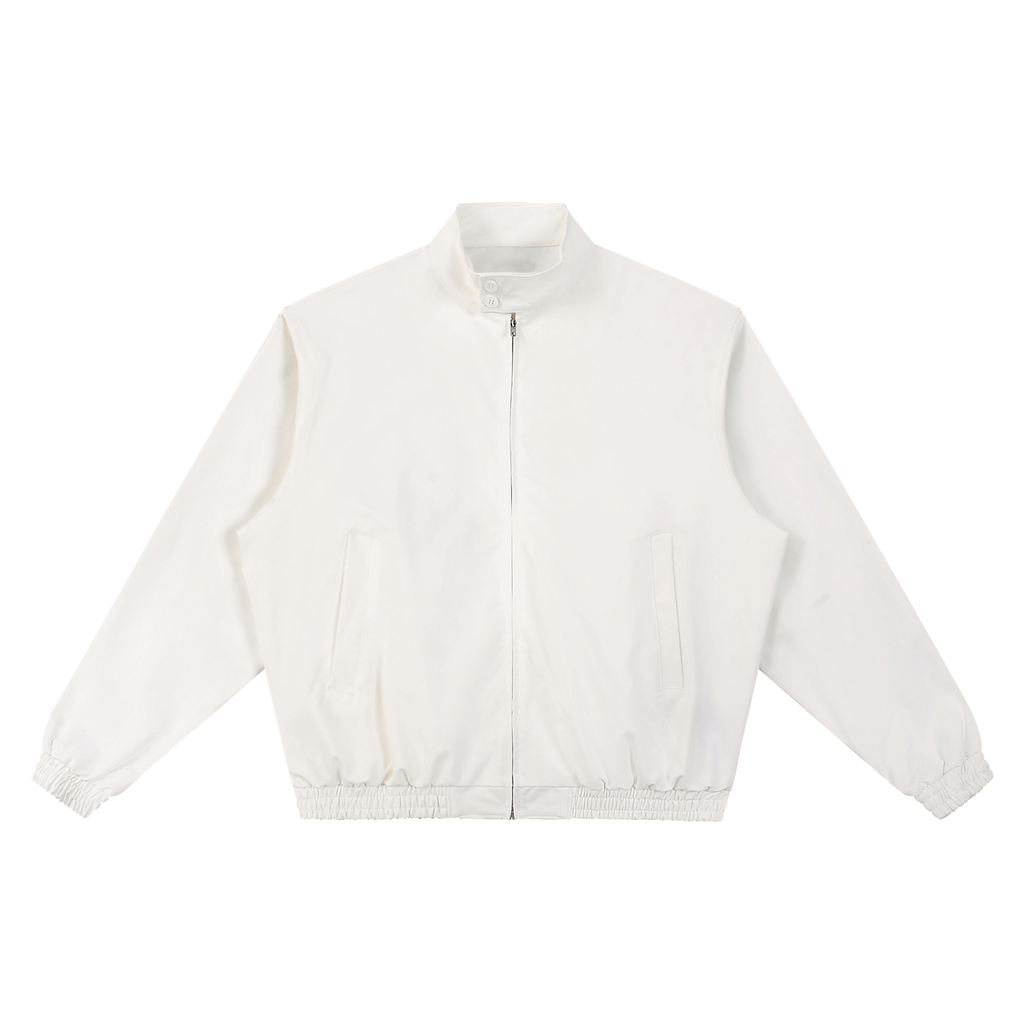 MIROLYUB Transit stand-collar bomber in Beige, front view.