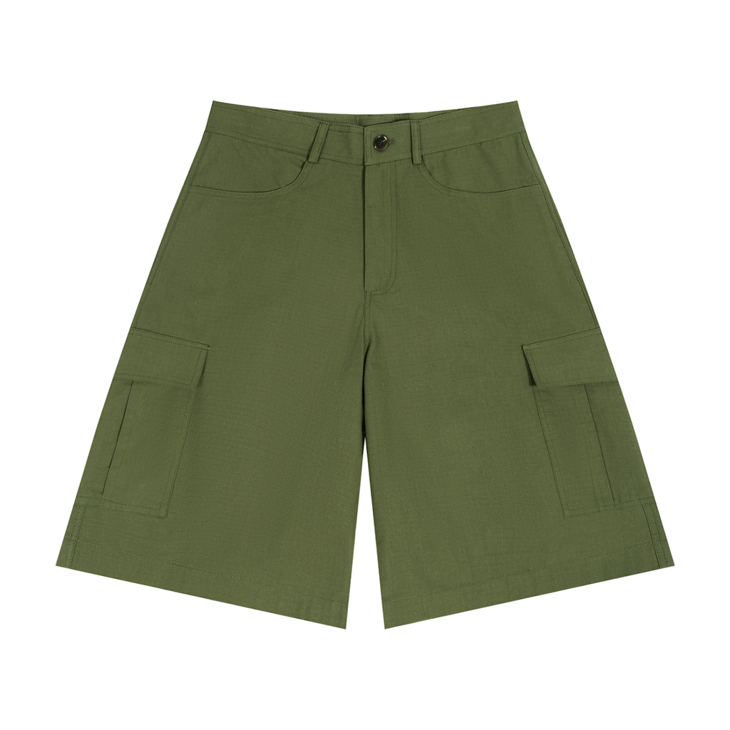 MIROLYUB Outpost woven cargo shorts in Army Green, front view.
