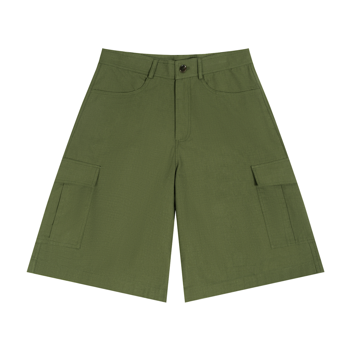 MIROLYUB Outpost woven cargo shorts in Army Green, front view.