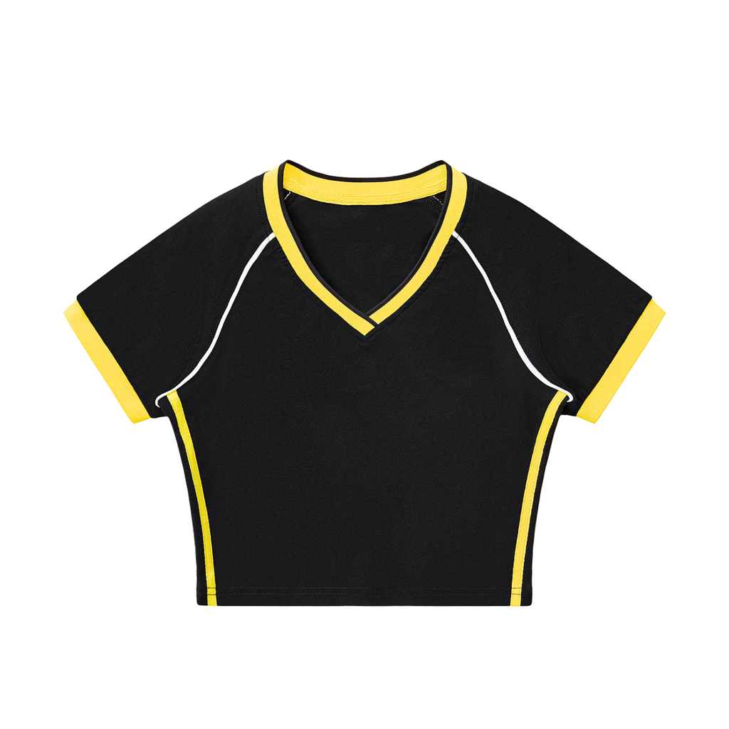 MIROLYUB Contrast Trim V-Neck Crop T-Shirt — Black with Yellow, front view