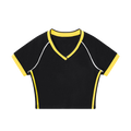 MIROLYUB Contrast Trim V-Neck Crop T-Shirt — Black with Yellow, front view