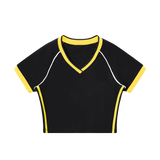 MIROLYUB Contrast Trim V-Neck Crop T-Shirt — Black with Yellow, front view