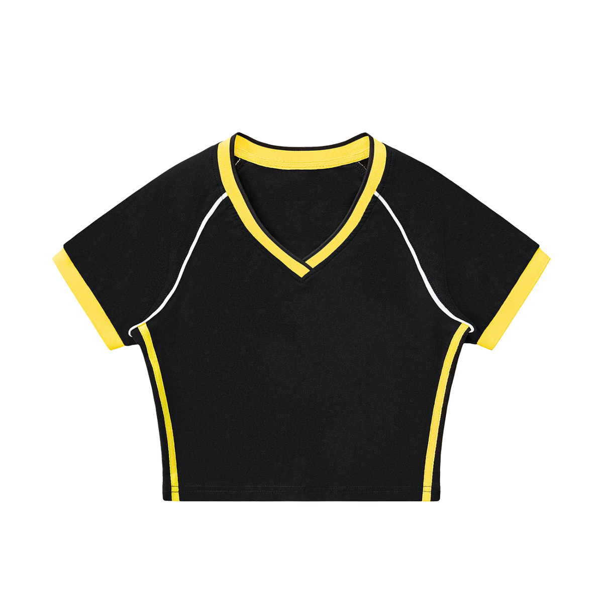 MIROLYUB Contrast Trim V-Neck Crop T-Shirt — Black with Yellow, front view