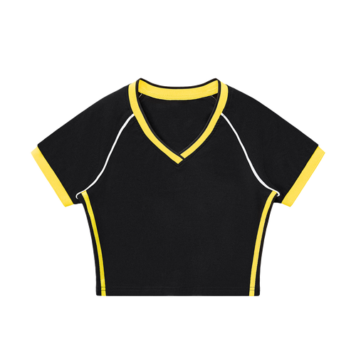 MIROLYUB Contrast Trim V-Neck Crop T-Shirt — Black with Yellow, front view