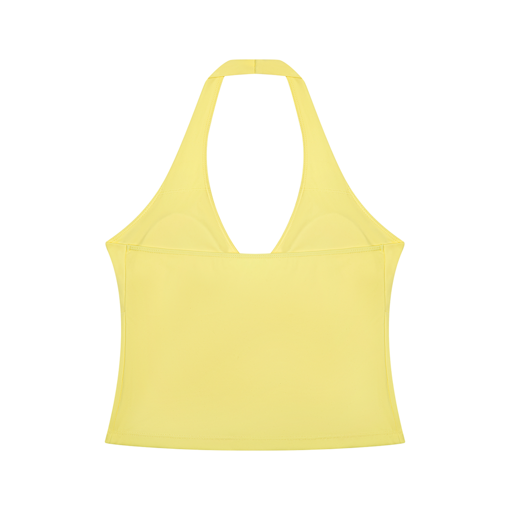 MIROLYUB Women’s Ruched Halter Yoga Tank Top — Yellow, back view