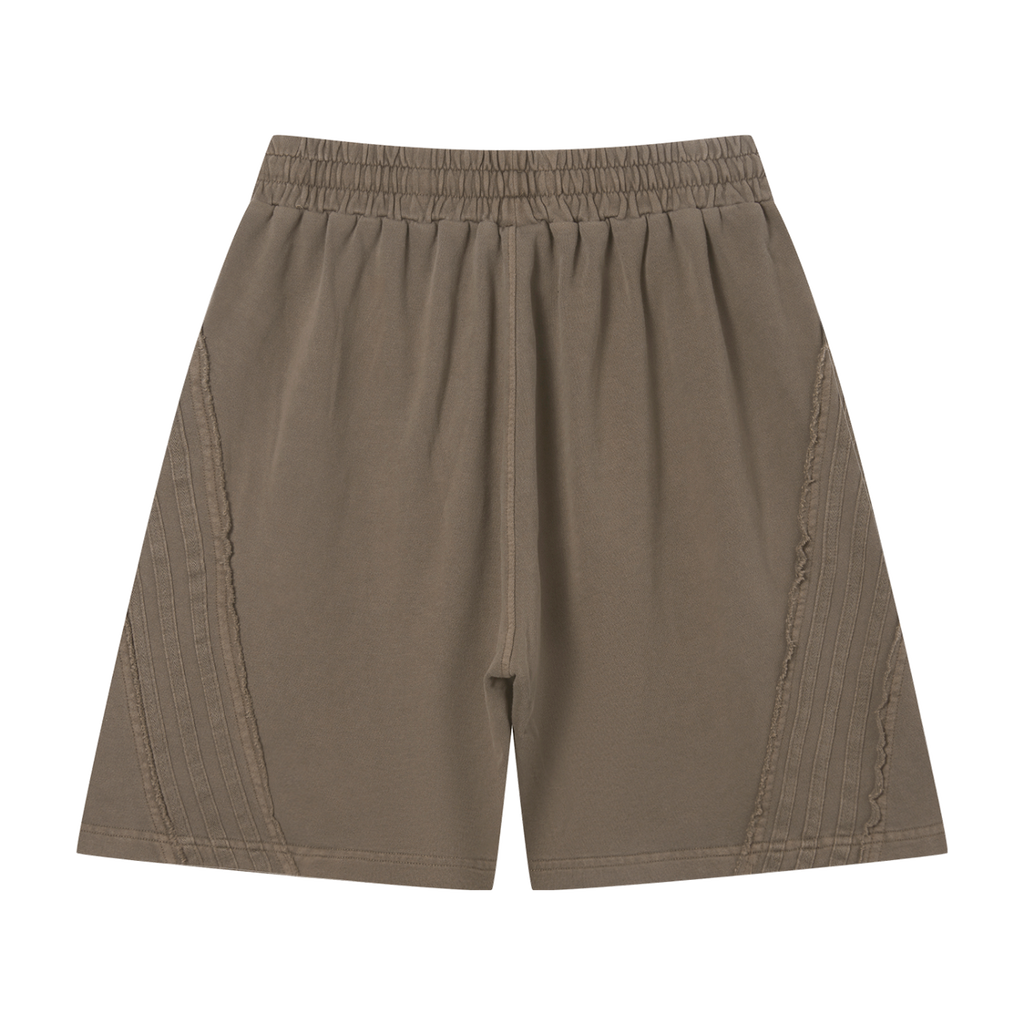 MIROLYUB Unisex Vintage Wash Raw Edge Shorts — Khaki, back view