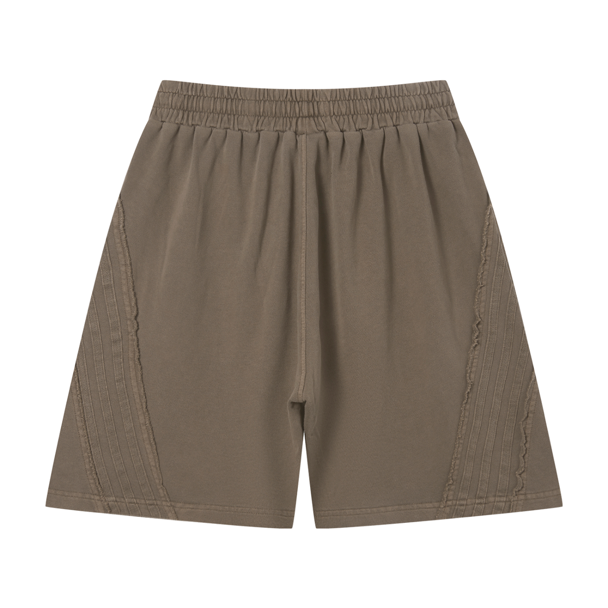 MIROLYUB Unisex Vintage Wash Raw Edge Shorts — Khaki, back view