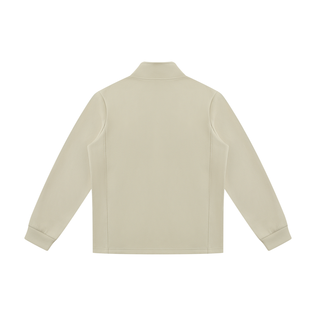 MIROLYUB Tangent stand-collar track jacket in Beige Camel, back view.