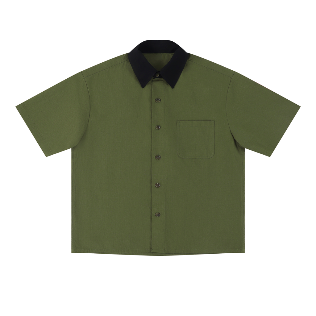 Crossfade cotton short-sleeve contrast-collar shirt in Army Green, front view