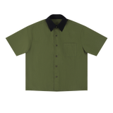 Crossfade cotton short-sleeve contrast-collar shirt in Army Green, front view