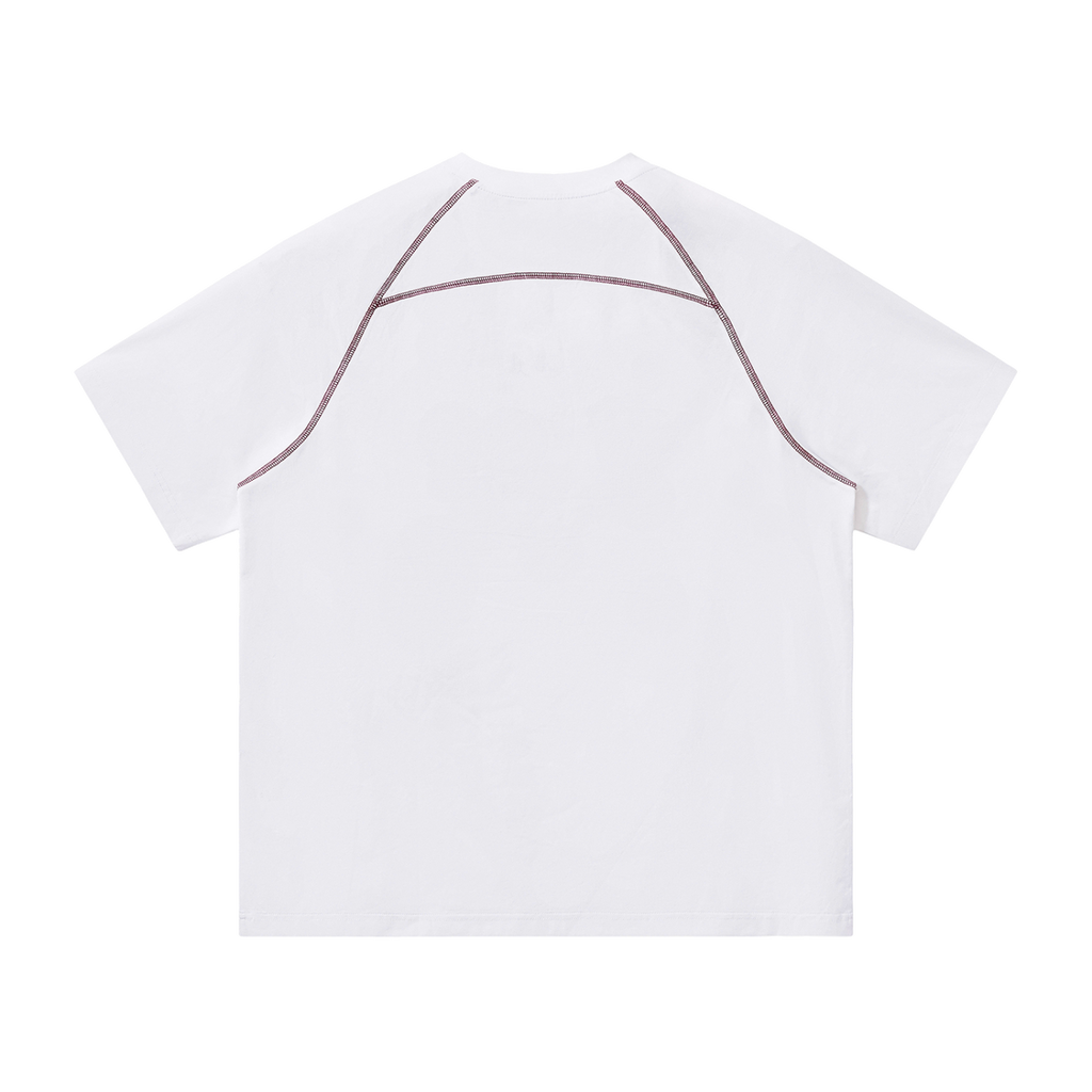 MIROLYUB Offbeat Contrast-Stitch Raglan Tee in White, back view.