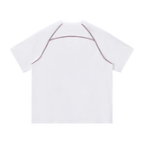 MIROLYUB Offbeat Contrast-Stitch Raglan Tee in White, back view.