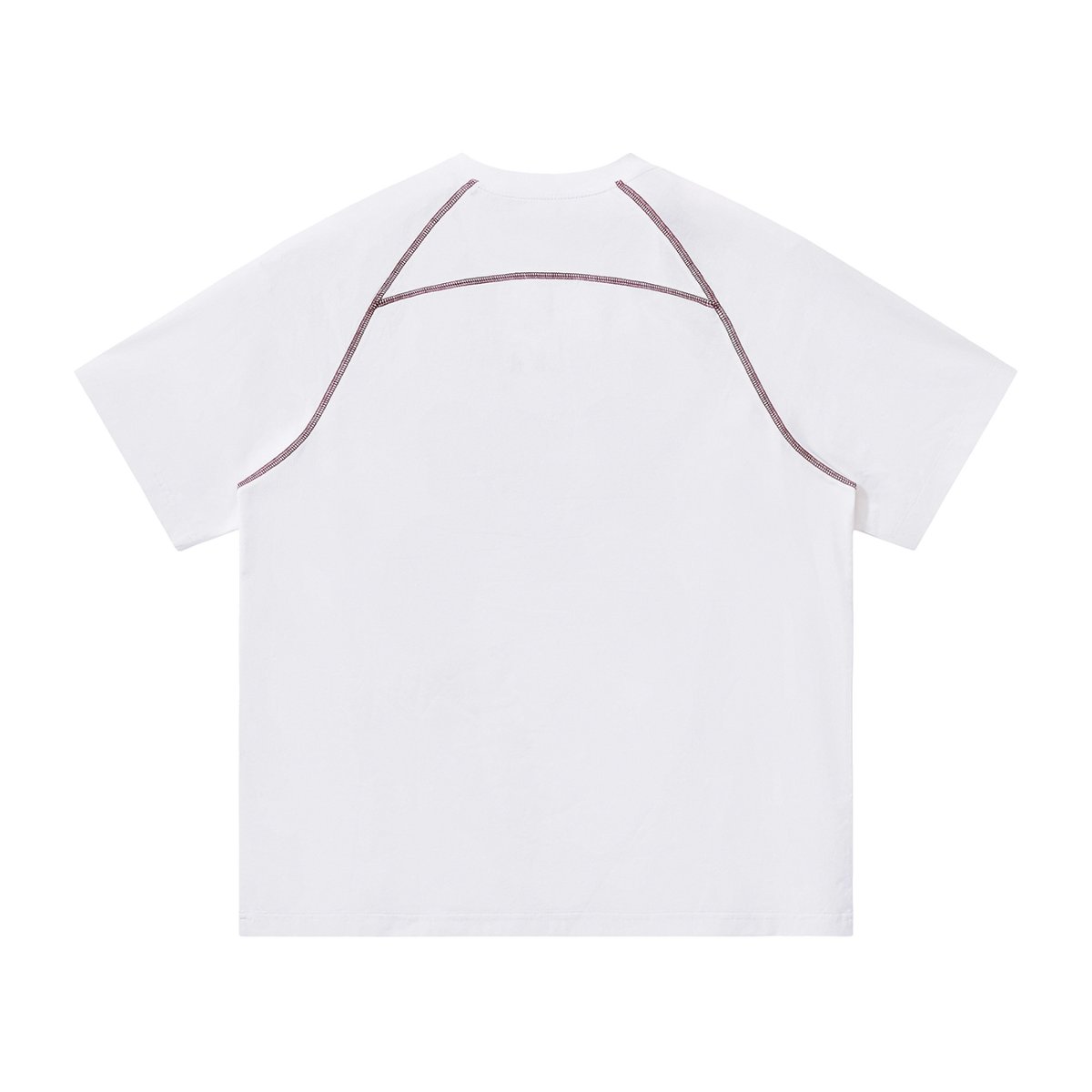 MIROLYUB Offbeat Contrast-Stitch Raglan Tee in White, back view.