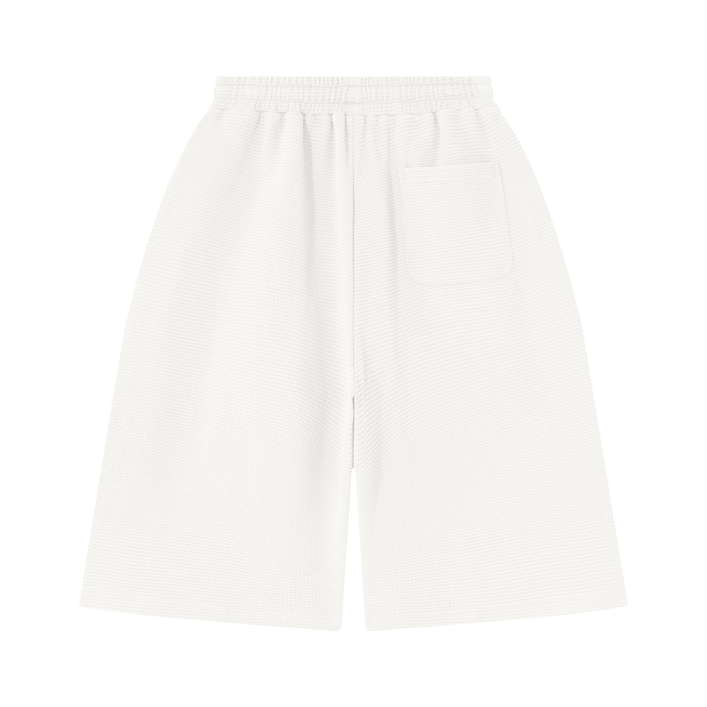 MIROLYUB Lattice Waffle Shorts in White, back view.