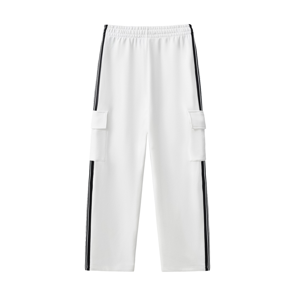 MIROLYUB Vector Side-Stripe Straight-Leg Pants in White, back view.