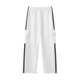 MIROLYUB Vector Side-Stripe Straight-Leg Pants in White, back view.
