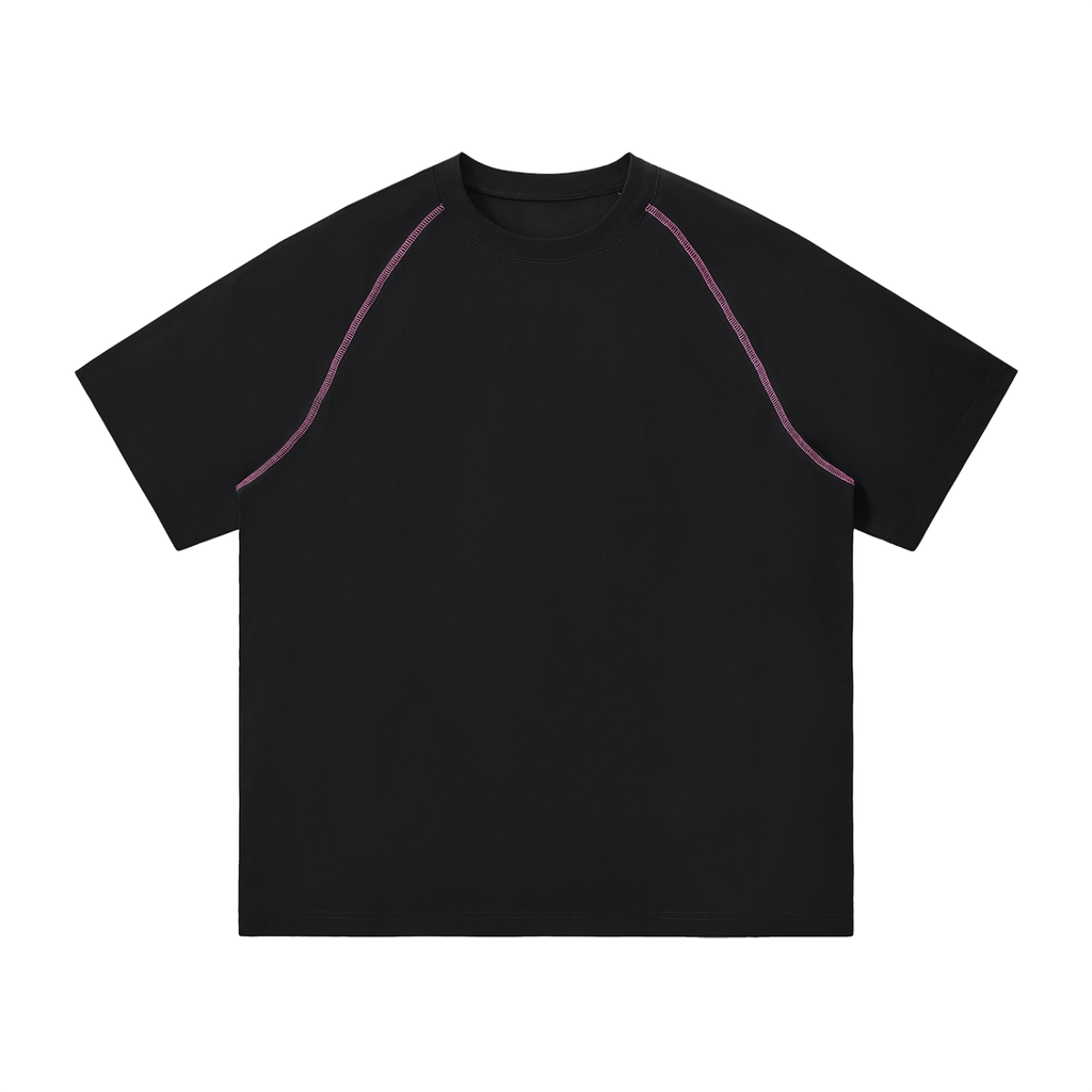 MIROLYUB Offbeat raglan tee in black, front view with purple contrast stitching and an unprinted chest
