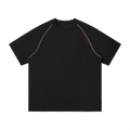 MIROLYUB Offbeat raglan tee in black, front view with purple contrast stitching and an unprinted chest