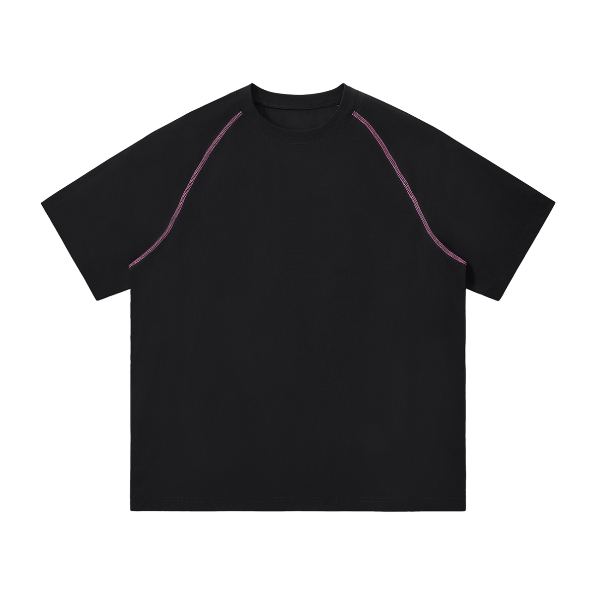 MIROLYUB Offbeat raglan tee in black, front view with purple contrast stitching and an unprinted chest