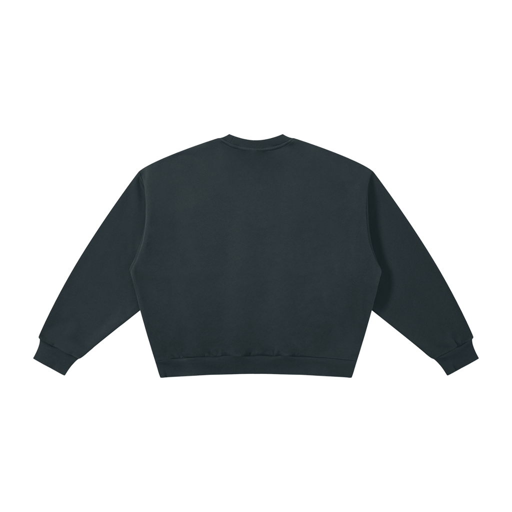 MIROLYUB Meridian boxy fleece crewneck in Navy Blue, back view.