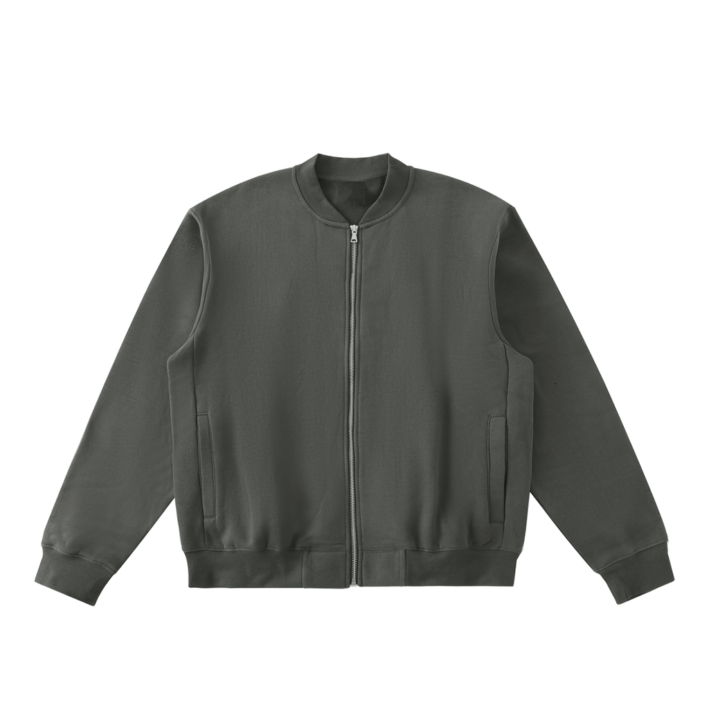 MIROLYUB Nocturne fleece zip varsity jacket in Dark Gray, front view.