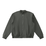 MIROLYUB Nocturne fleece zip varsity jacket in Dark Gray, front view.